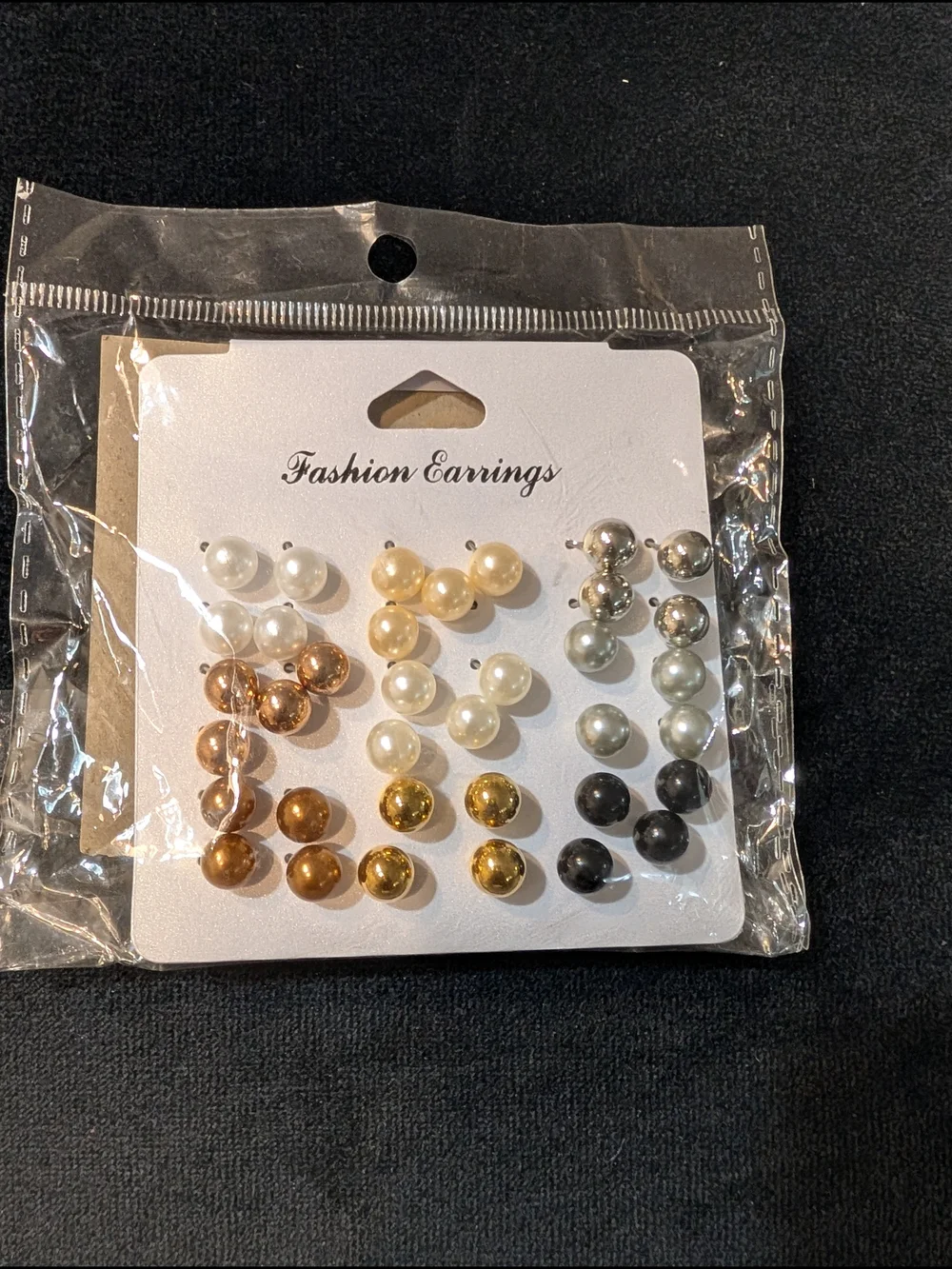 9 Pair Pearl and Metallic Stud Set - White, Gold, Rose Gold, Silver, Black